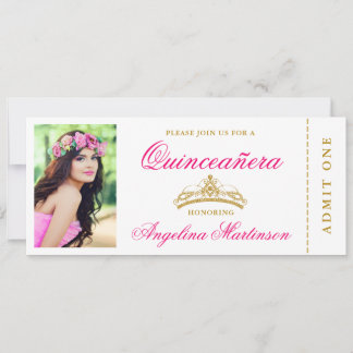 Elegantes Quinceanera Foto Hot Pink und Gold Ticke Einladung