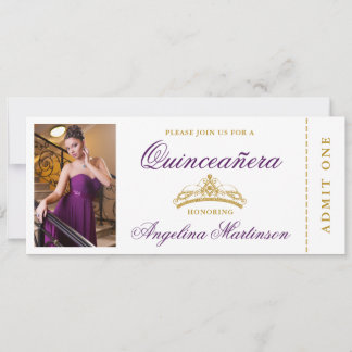 Elegantes Quinceanera Foto Lila und Gold Ticket Einladung