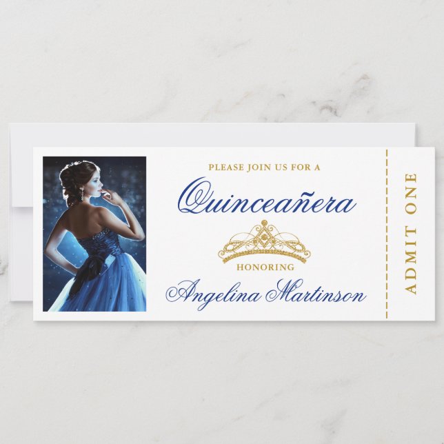 Elegantes Quinceanera Foto Royal Blue Gold Ticket Einladung (Vorderseite)