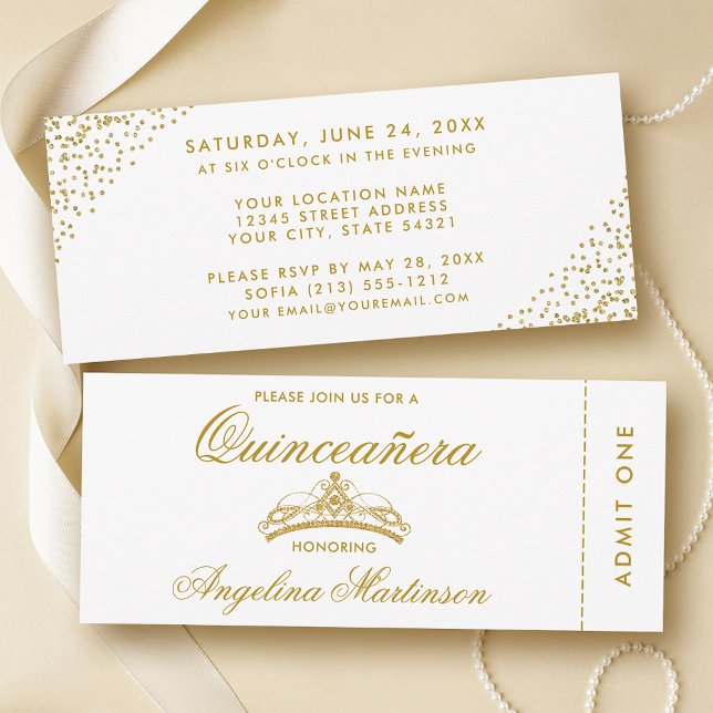 Elegantes Quinceanera Gold und White Ticket Einladung (Customize to change text style or text size.)