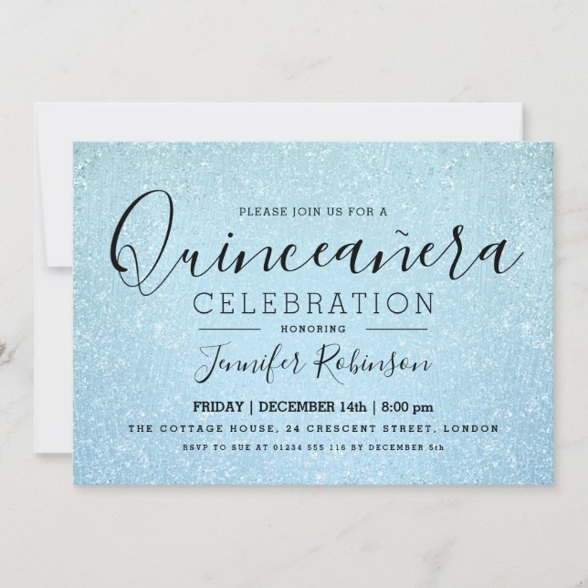 Elegantes Quinceanera Party Blauer Glitzer Einladung (Vorderseite)