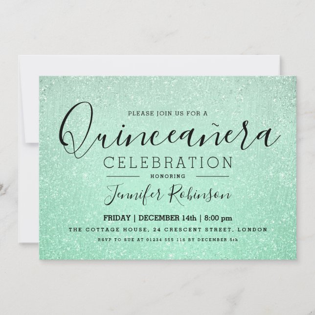 Elegantes Quinceanera Party Mint Glitzer Look Pain Einladung (Vorderseite)
