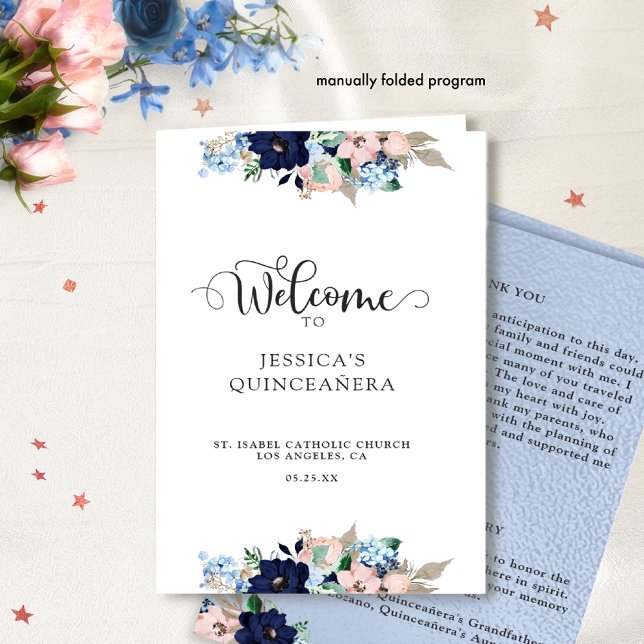 Elegantes Quinceanera-Programm in Blau und Rosa (Von Creator hochgeladen)