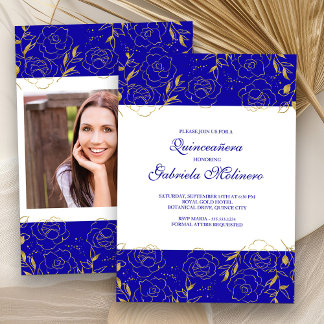 Elegantes Quinceanera Royal Blue Gold Floral Foto Einladung