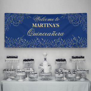 Elegantes Quinceanera Royal Blue Gold Floral Willk Banner