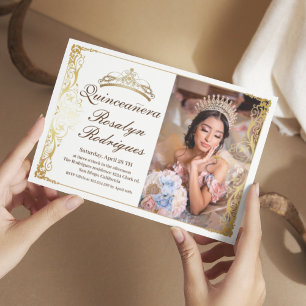 Elegantes Quinceanera White Gold Einladung von F