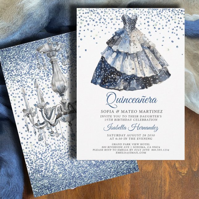 Elegantes Quineanera Blue Glitzer Blue Gown Party Einladung (Von Creator hochgeladen)