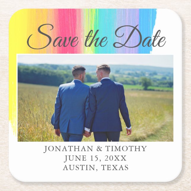 Elegantes Rainbow-Verlobung-Foto Save the Date Rechteckiger Pappuntersetzer (Vorderseite)