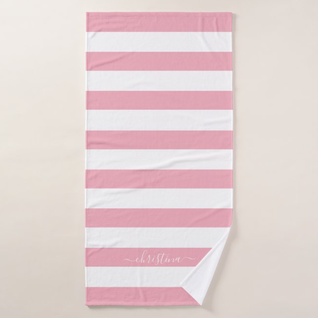 Élégantes rayures roses et blanches personnalisées (Serviette de bain)