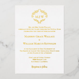 Elegantes Real gold & white Monogram katholisches  Folieneinladung