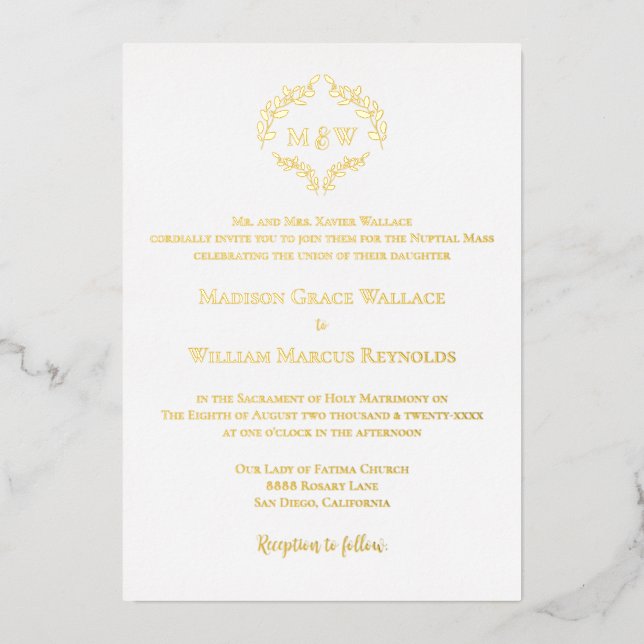 Elegantes Real gold & white Monogram katholisches  Folieneinladung (Vorderseite)