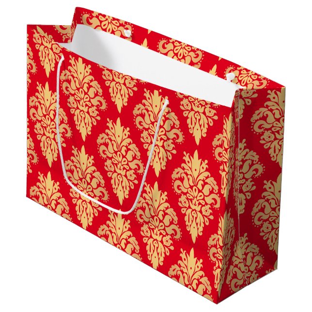 Elegantes Red and Gold Christmas Damask Muster Große Geschenktüte (Vorderseite Schrägansicht)