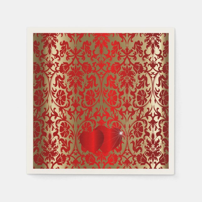 Elegantes Red and Gold Damask Muster Serviette (Vorderseite)