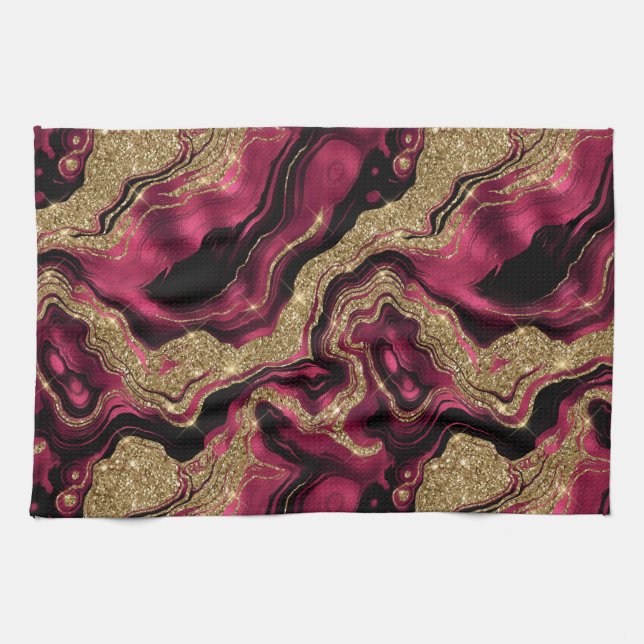 Elegantes Red and Gold Glitzer Agate Pattern Geschirrtuch (Horizontal)