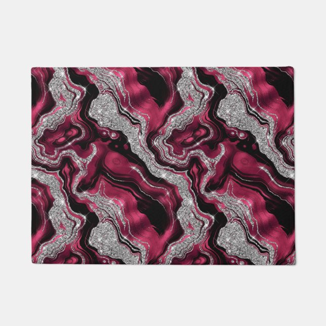Elegantes Red and Silver Glitzer Agate Pattern Fußmatte (Vorderseite)