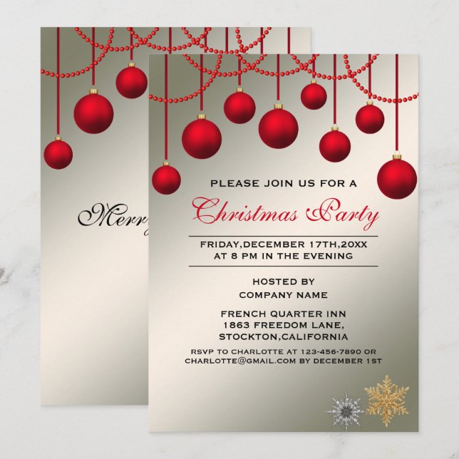 Elegantes Red Bauble Corporate Christmas Party Einladung (Vorne/Hinten)