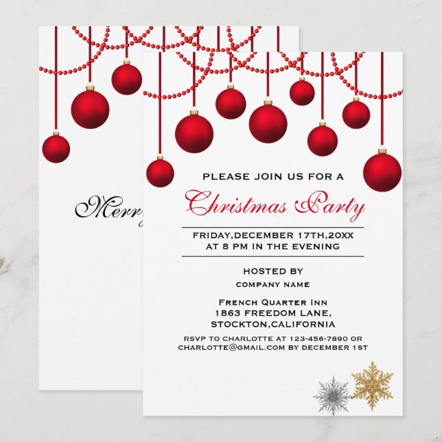 Elegantes Red Bauble Corporate Christmas Party Einladung (Vorne/Hinten)