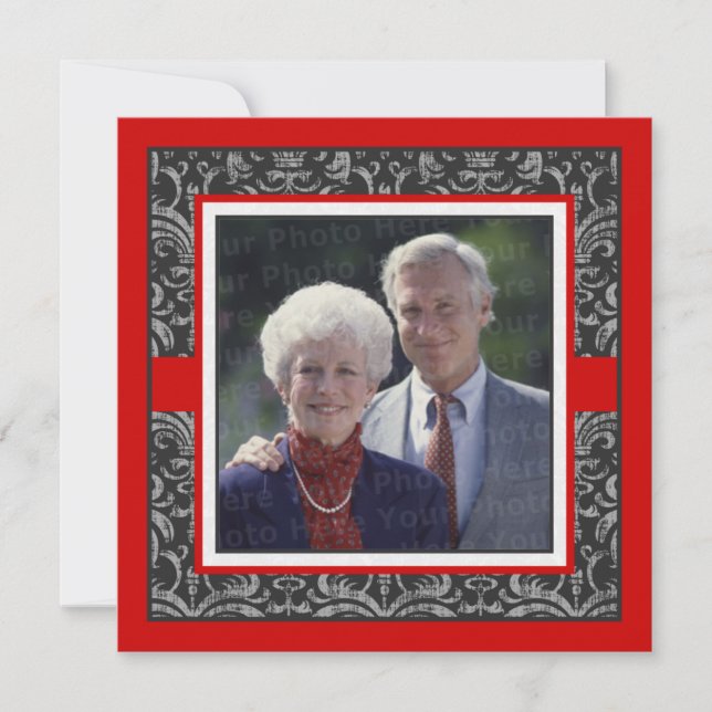 Elegantes Red & Black Damask Hochzeitstag Einladung (Vorderseite)