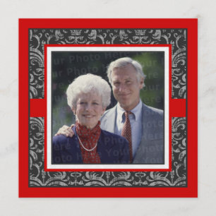 Elegantes Red & Black Damask Hochzeitstag Einladung