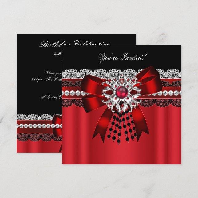 Elegantes Red Black Diamond Silver Lace Party 2 Einladung (Vorne/Hinten)
