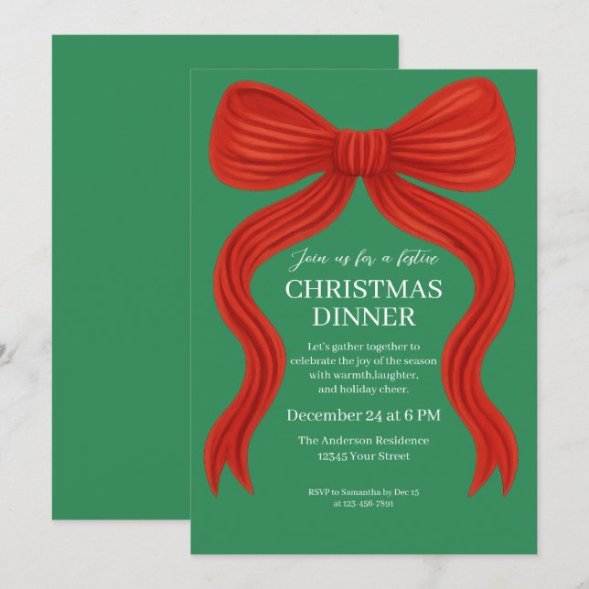 Elegantes Red Bow Christmas Party - Einladung (Vorne/Hinten)