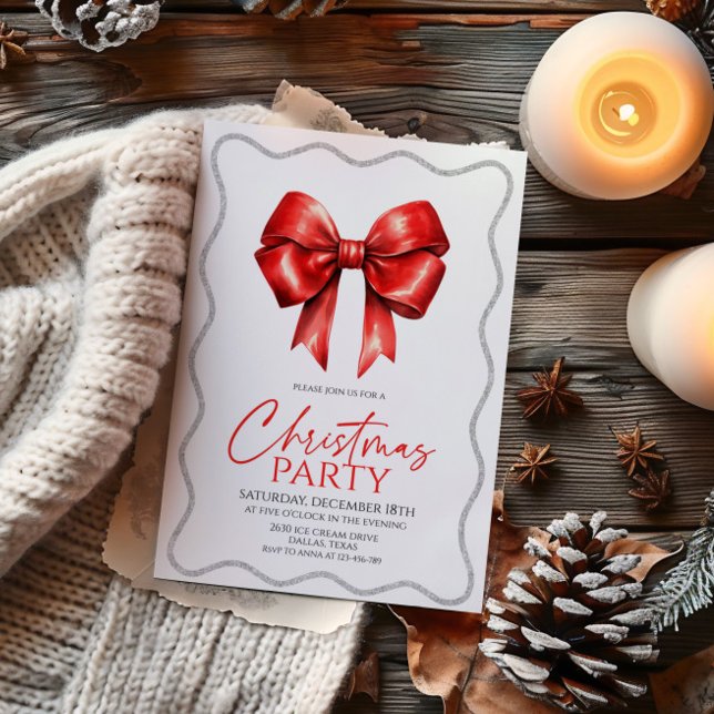 Elegantes Red Bow Christmas Party Einladung (Von Creator hochgeladen)