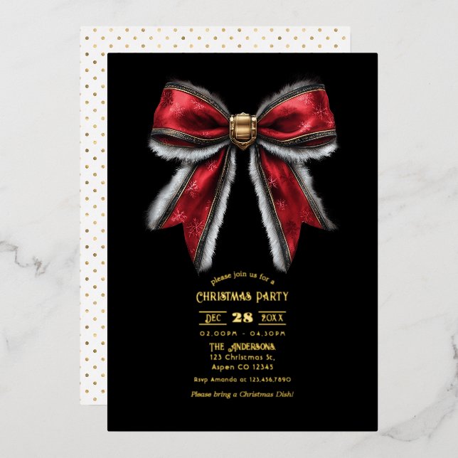 Elegantes Red Bow & Gold Foil Weihnachtsfest Party Folieneinladung (Vorderseite/Rückseite)