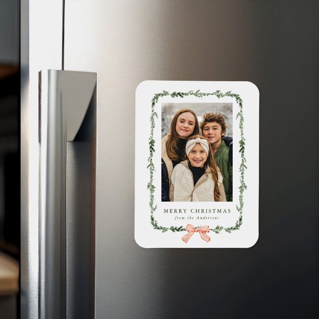 Elegantes Red Bow Greenera Garland Foto Magnet (Von Creator hochgeladen)