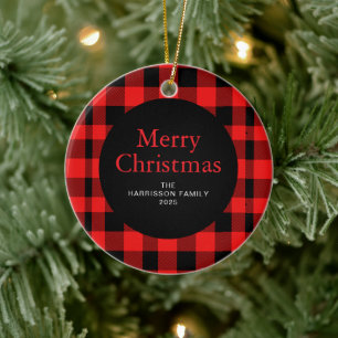 Elegantes Red Buffalo Karierte Weihnachtsfamilie 1 Keramik Ornament