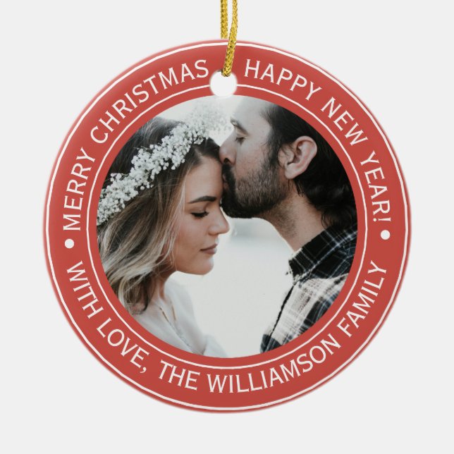 Elegantes Red Christmas Monogram Foto Keramik Ornament (Vorne)