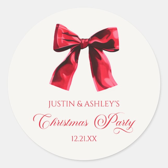 Elegantes Red Coquette Bow Weihnachts-Party Runder Aufkleber (Vorderseite)