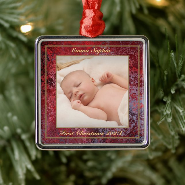 Elegantes Red First Christmas Foto Ornament Aus Metall (Baum)