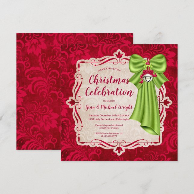 Elegantes Red Floral & Green Bow Weihnachtsfest Pa Einladung (Vorne/Hinten)