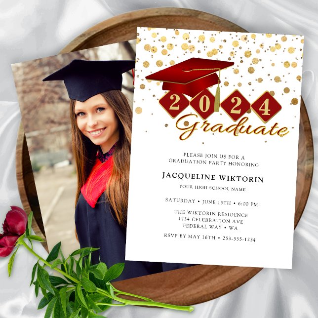 Elegantes Red Gold Abschluss Foto Party Einladung (Elegant Red Gold Graduation Photo Party Invitation)