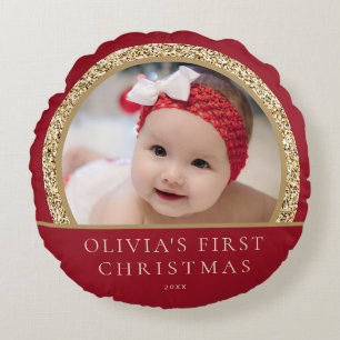 Elegantes Red Gold Baby's 1. Weihnachtsfest Foto Rundes Kissen