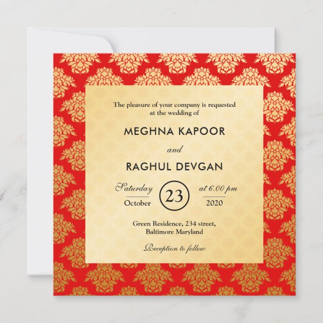 Elegantes Red Gold Damask Muster indische Hochzeit Einladung (Vorderseite)