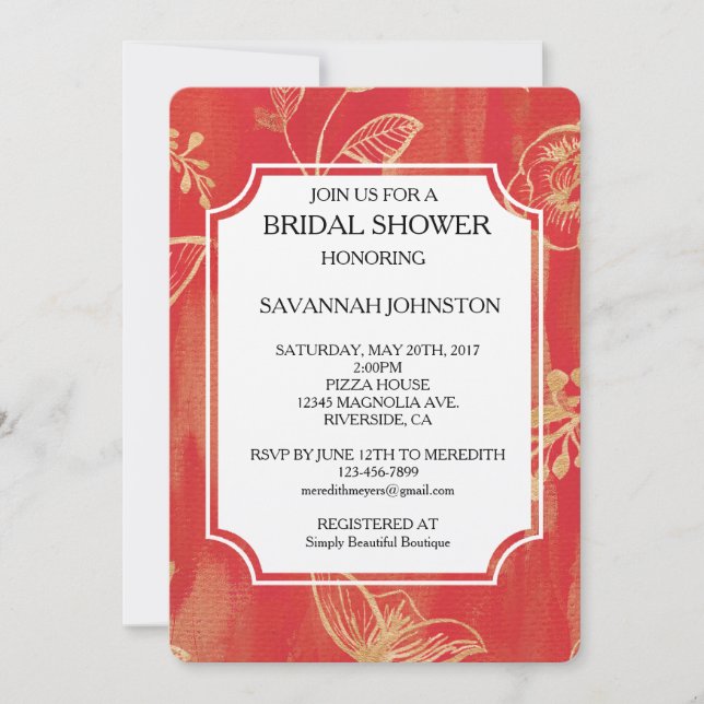 Elegantes Red Gold Floral Brautparty Einladung (Vorderseite)