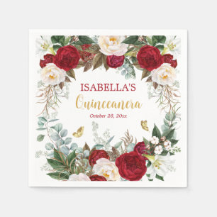 Elegantes Red Gold Floral Quinceñera Party Serviette