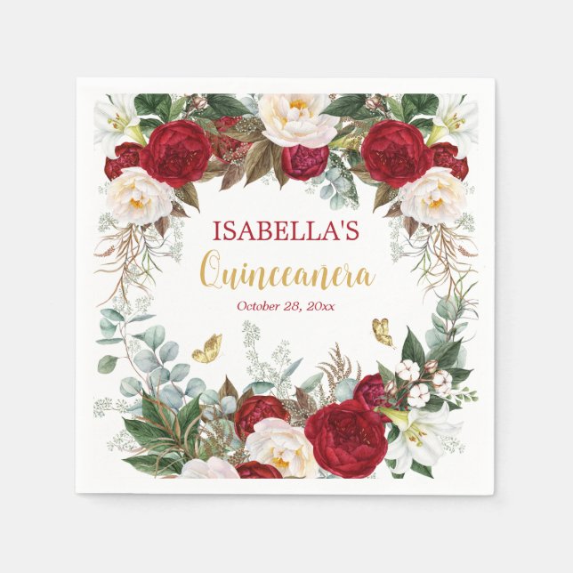 Elegantes Red Gold Floral Quinceñera Party Serviette (Vorderseite)