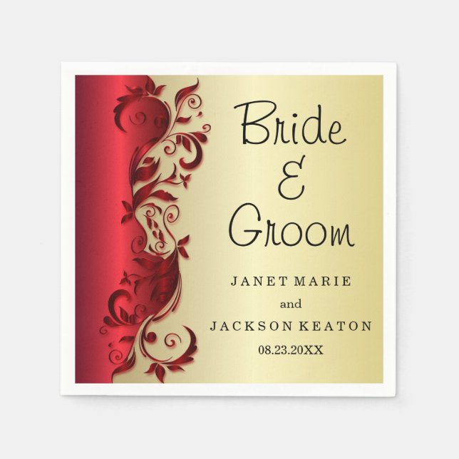 Elegantes Red & Gold Florid Wedding Design Serviette (Vorderseite)
