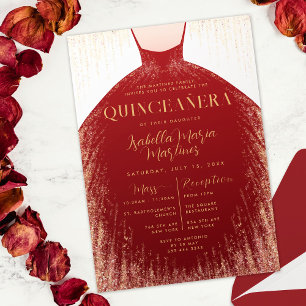 Elegantes Red Gold Glitzer Dress Quinceañera Einladung