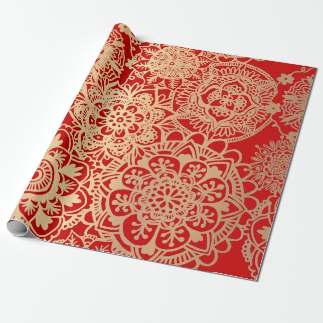 Elegantes Red Gold Mandala Muster Geschenkpapier (Ungerollt)