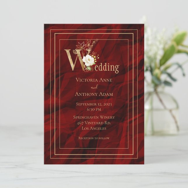 Elegantes Red Gold Moderne Hochzeitseinladung Einladung (Stehend Vorderseite)