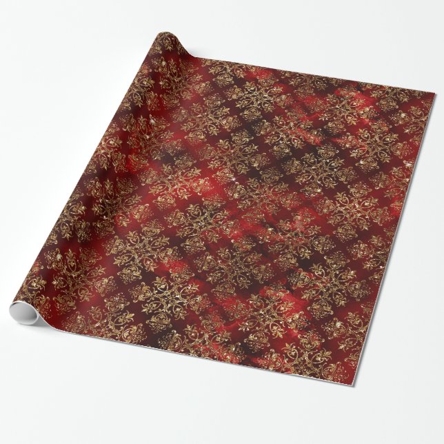 Elegantes Red Gold Muster Weihnachten Geschenkpapier (Ungerollt)