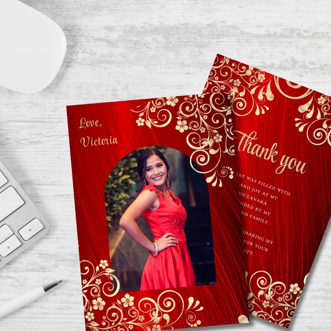 Elegantes Red Gold Quinceanera Foto Vielen Dank Dankeskarte (Von Creator hochgeladen)