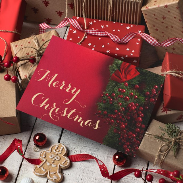 Elegantes Red & Gold Script Frohe Weihnachtsgeschä Dankeskarte (Von Creator hochgeladen)