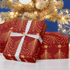 Elegantes Red & Gold Weihnachtsbaummuster Geschenkpapier