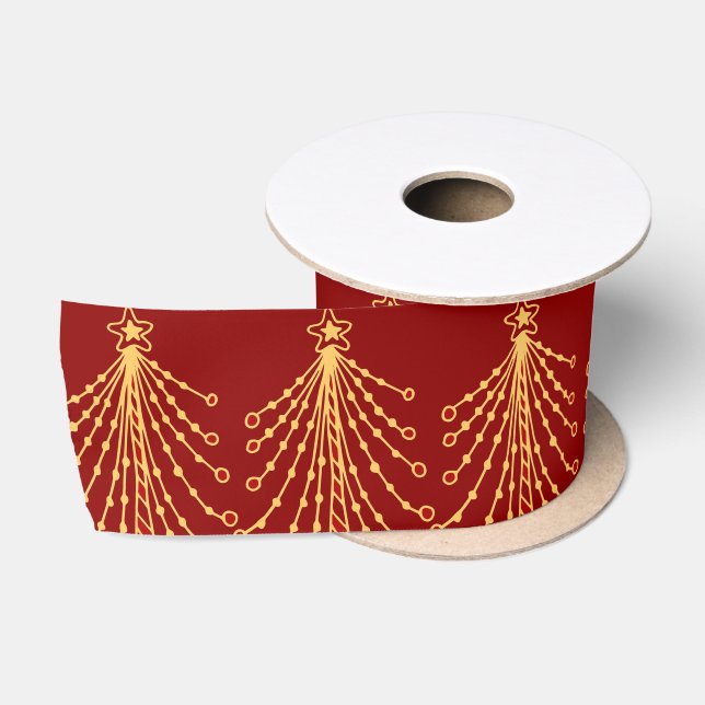 Elegantes Red & Gold Weihnachtsbaummuster Satinband (Spule)