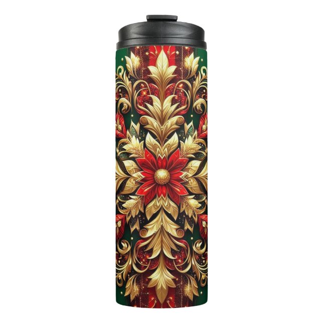 Elegantes Red Green Gold Festival Kariert Thermosbecher (Vorderseite)