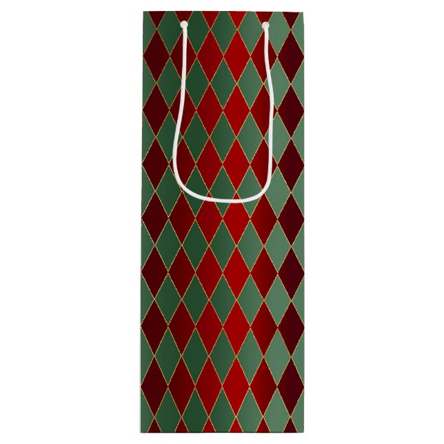 Elegantes Red Green Harlequin Luxury Pattern Geschenktüte Für Weinflaschen (Vorderseite)
